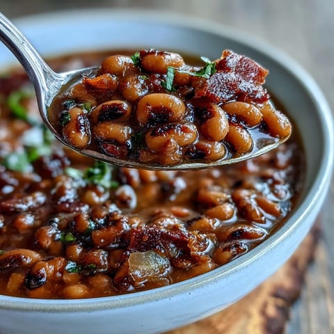 A close-up of a Big Pot of Texas Black-Eyed Peas, garnished with fresh cilantro and green onions, steaming in a rustic Dutch oven.