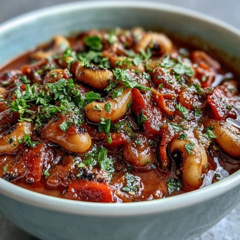 Fragrant Greek-Style Slow Cooker Black-Eyed Peas simmering with tomatoes, paprika, and fresh oregano in a rustic ceramic crockpot.