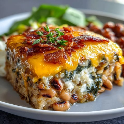 Golden-brown Tex Mex Black Eyed Pea Casserole with melted cheddar cheese, smoky bacon, and vibrant tomatoes bubbling in a dish.