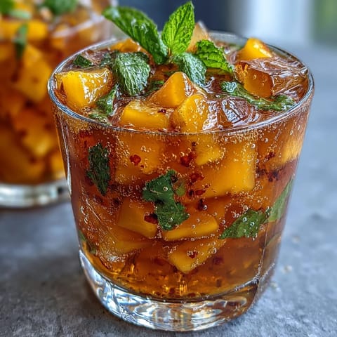Mango Peach Iced Tea with Mint, garnished with fresh fruit slices and mint sprigs, served in a clear glass pitcher over ice.
