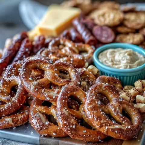 Game Day Baseball Snack Board with Pretzels and Dips on a rustic wooden platter, featuring soft pretzel bites, beer cheese dip, and colorful veggie sticks.