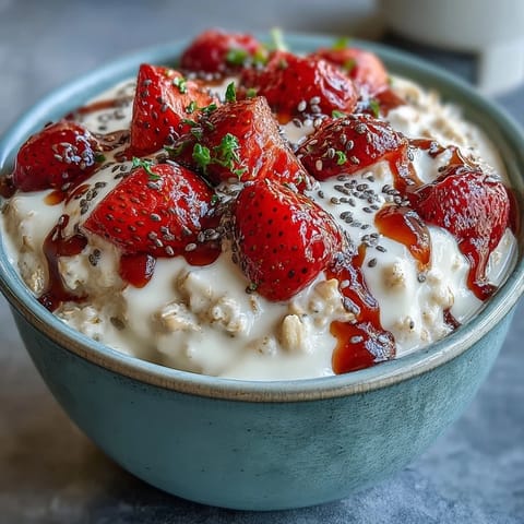 Overnight oats with strawberries and chia, a healthy breakfast in a jar, creamy oats topped with fresh berries and crunchy nuts.