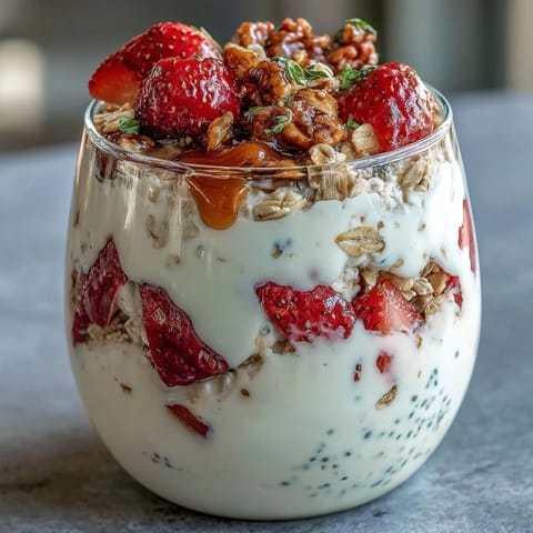 Creamy overnight oats with chia seeds and granola, topped with fresh strawberries for a wholesome breakfast.