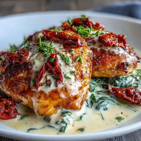 Creamy Tuscan Chicken Skillet with tender chicken in rich garlic cream sauce and sun-dried tomatoes.