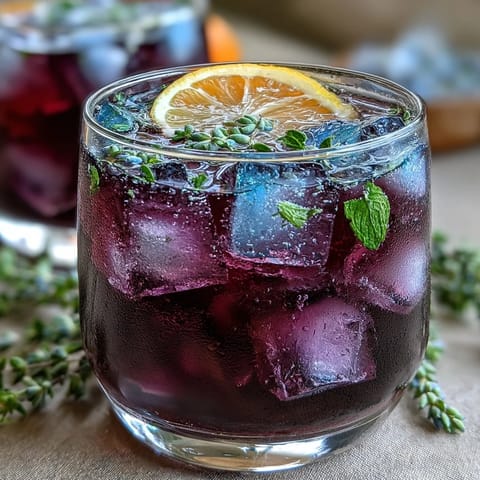 A glass of iced lavender lemonade with fresh mint, bright and floral, garnished with lemon slices and mint sprigs.