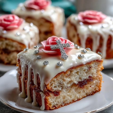 First Communion Cake with white roses and cross topper on elegant white fondant, perfect for sacred celebrations.