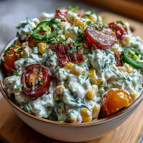 A vibrant bowl of Creamy Corn Salad with Jalapeño, featuring sweet corn, tomatoes, and a tangy dressing.