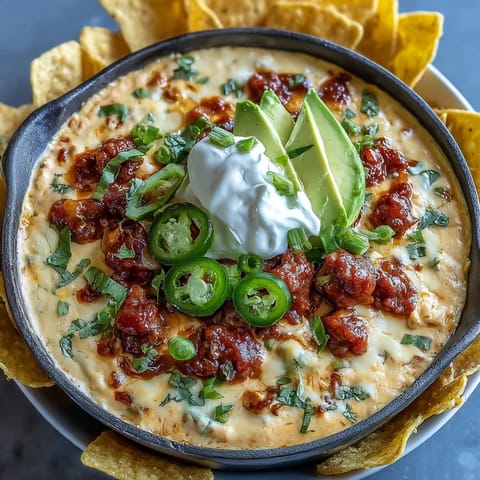 Cinco de Mayo Loaded Queso Dip with chorizo, pico de gallo, and jalapeños, served warm with crispy tortilla chips.