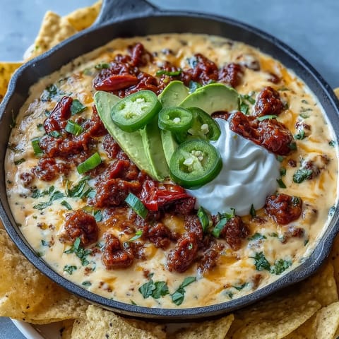 Festive cheese dip topped with spicy chorizo, fresh avocado, and cilantro, perfect for Cinco de Mayo celebrations.