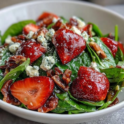 Vibrant spring strawberry spinach salad with creamy goat cheese, candied pecans, and tangy balsamic vinaigrette.