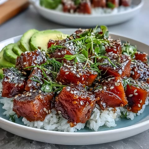 Vibrant Spring Tuna Poke Bowl showcasing fresh tuna, crisp veggies, and bright ponzu sauce toppings.