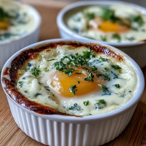 Golden Easter Eggs en Cocotte baked with fluffy whites, creamy yolks, and fresh herbs.