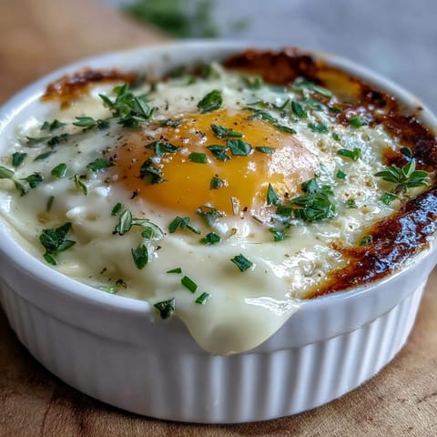 Elegant Easter Eggs en Cocotte, a rich, cheesy baked egg dish perfect for brunch.