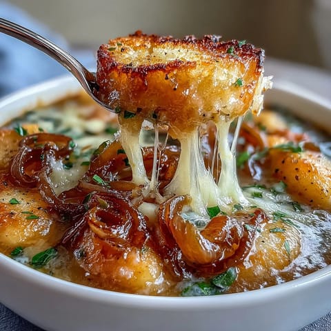 Gnocchi French Onion Soup: steamy, cheesy goodness over tender pasta.