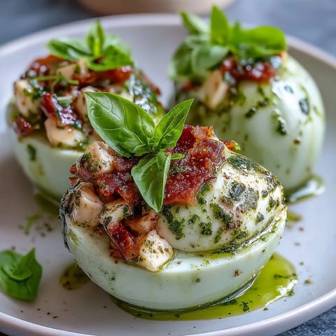 Caprese deviled eggs bursting with fresh basil oil, mozzarella, and tomatoes.