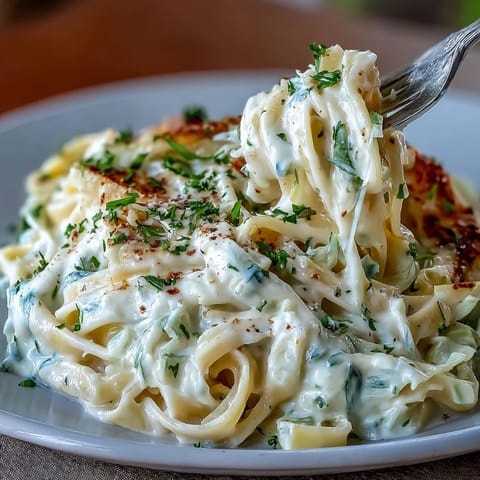 Golden fettuccine coated in creamy Cabbage Alfredo with tender, caramelized cabbage ribbons.