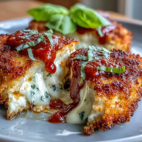 Golden Air Fryer Chicken Parmesan with bubbling melted cheese and marinara.