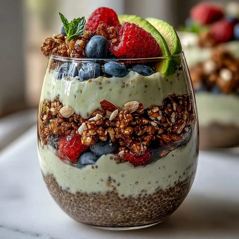 Rich Fiber-Rich Avocado Chia Pudding Parfait with fresh berries and crunchy granola.