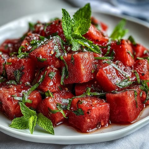 Refreshing watermelon chili lime salad with mint, ready to enjoy.