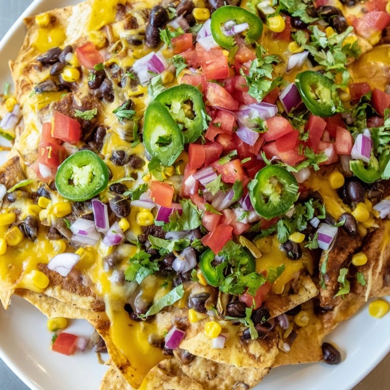Golden, bubbly Sheet Pan Nachos, loaded with cheese, vegetables, and ready for serving with cool dips.