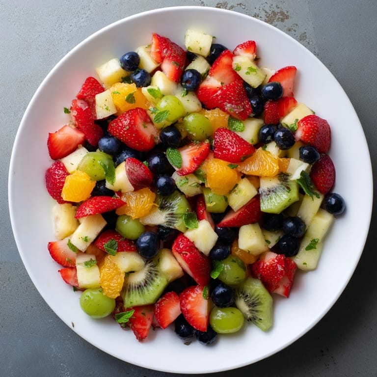 Fresh, chilled Refreshing Fruit Salad showing plump berries mixed with a bright citrus honey dressing.