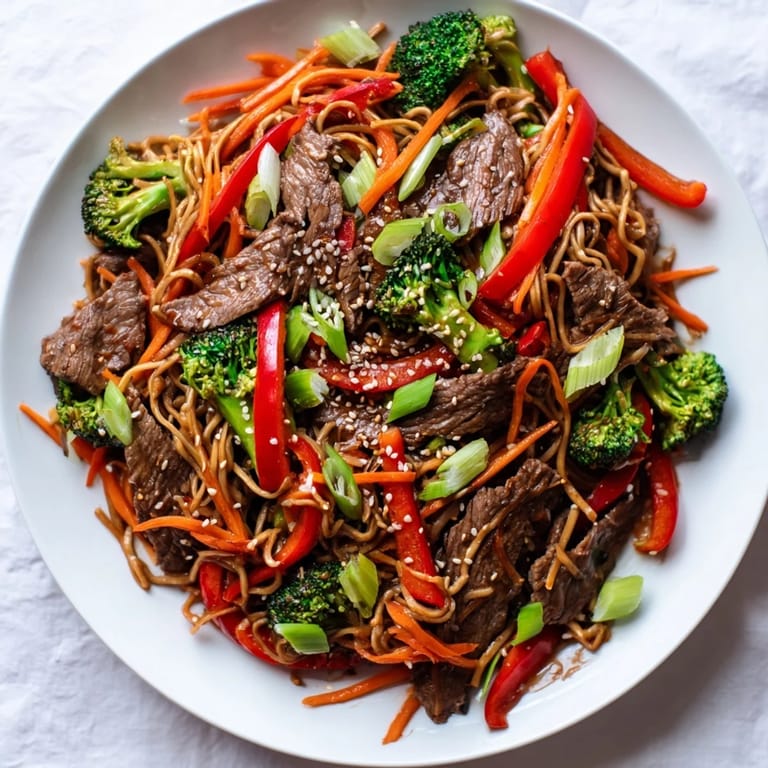 A steaming bowl of Easy Beef Stir-Fry with Lo Mein Noodles, a quick and delicious Asian-inspired dinner.