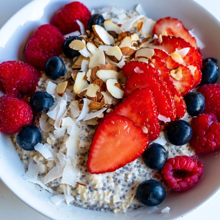 Bright photo of layered overnight oats with berries, showing the texture of chia seeds.