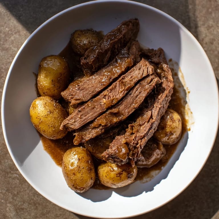 Fork-tender Simple 4-Ingredient Slow Cooker Pot Roast, smelling richly savory.