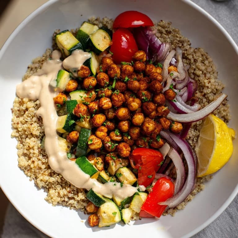 A delicious close-up of a finished Mediterranean Chickpea and Veggie Grain Bowl, ready to be enjoyed as a hearty meal.