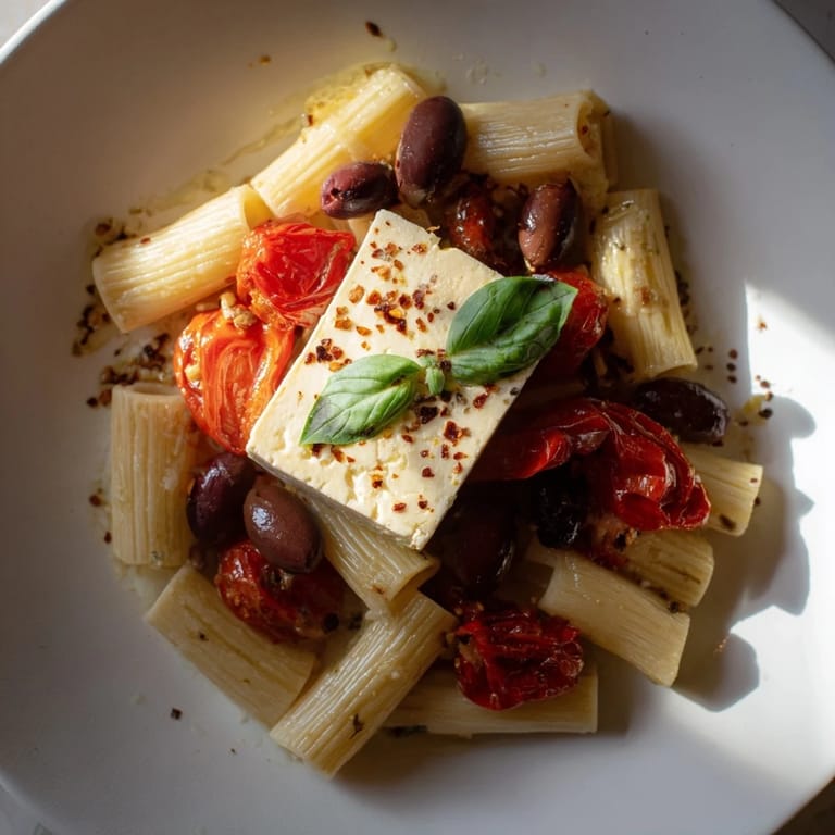Golden baked feta pasta, tossed with juicy tomatoes and olives makes a quick and flavorful dinner.