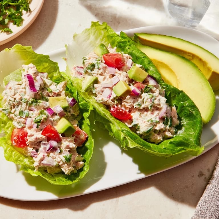 Fresh Quick & Healthy Tuna Salad Lettuce Wraps filled into bright green romaine, topped with sliced avocado.