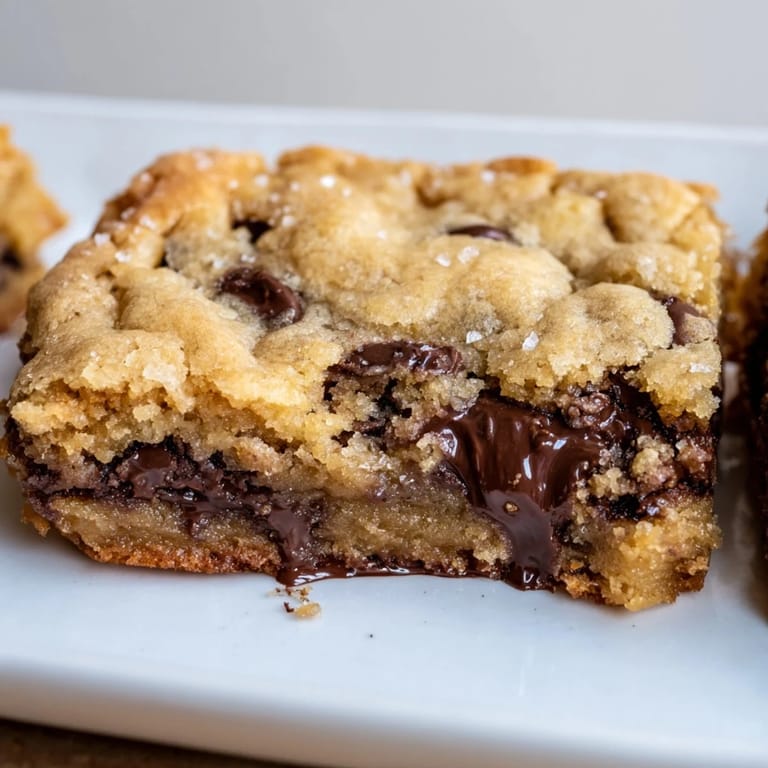 Close-up of baked Ultimate Gooey Chocolate Chip Cookie Bars, showcasing a soft, chewy texture.