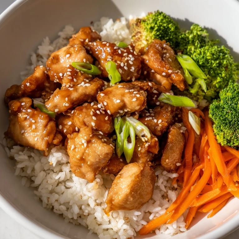 A beautifully arranged Easy 20-Minute Chicken Teriyaki bowl, highlighting the colorful veggies and glazed chicken, perfect for a fast meal.