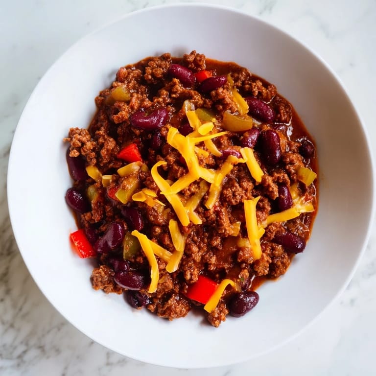 This classic American simple weeknight chili simmers with hearty ground beef and flavorful spices.