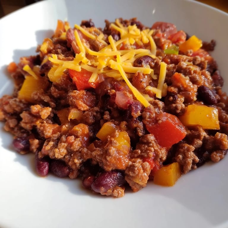 A close-up of a rich, red simple weeknight chili, ready to be enjoyed with preferred toppings.