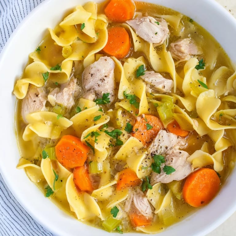 Homemade Cozy Chicken Noodle Soup, a close-up of the flavorful broth with visible vegetables and herbs.