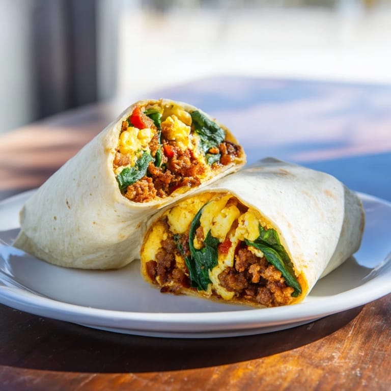 Warm and delicious Make-Ahead Breakfast Burritos with visible ingredients like peppers and fluffy scrambled eggs are ready.