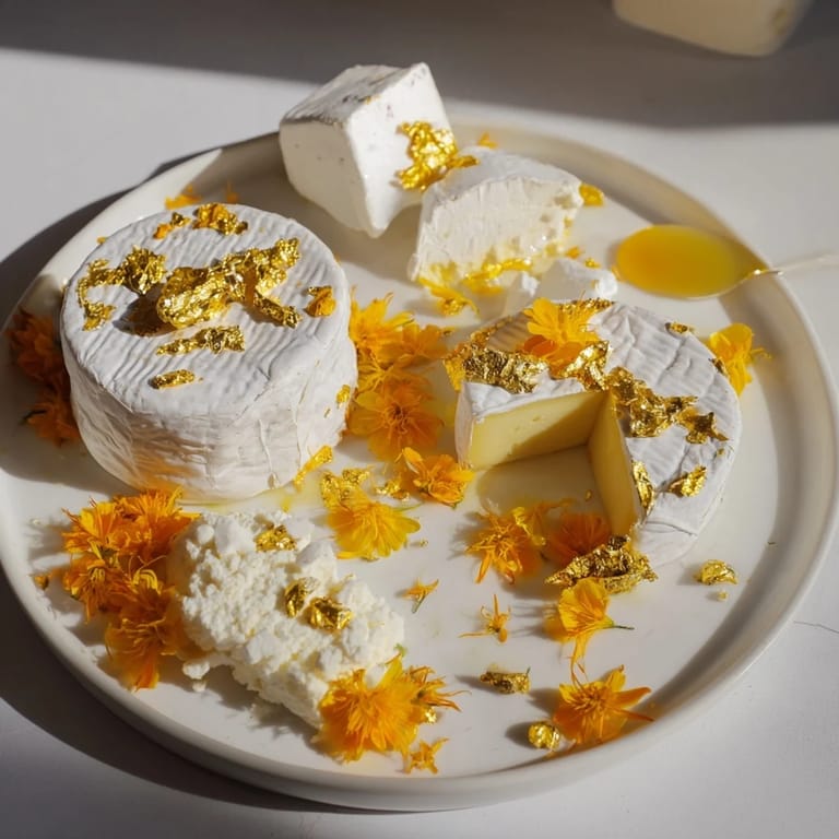 Luxurious Gilded Lily cheese board, showcasing creamy cheeses with edible gold and yellow flowers, ready to serve.