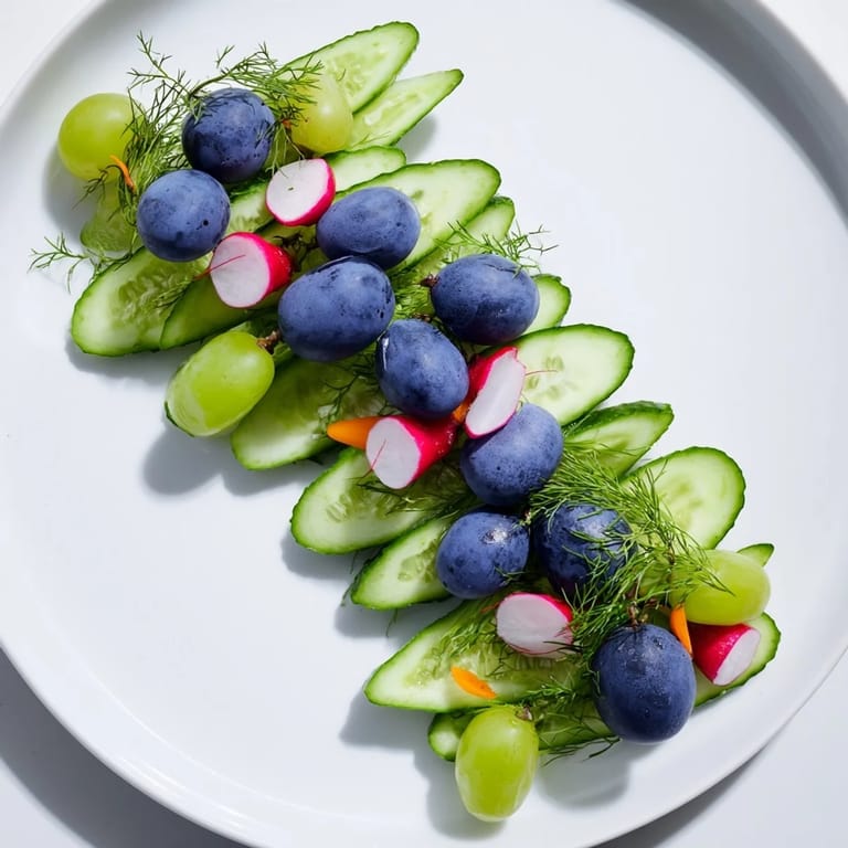 This visually appetizing Peacock Tail features crisp cucumber slices and grape clusters, ready to be enjoyed.