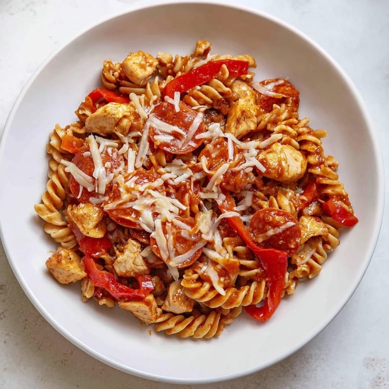 Savory One-Pan Pizza Pasta with al dente rotini and bubbling cheese, ready to serve.