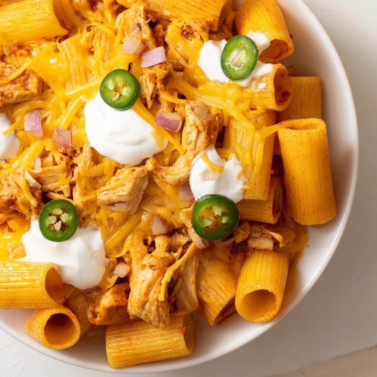 Air-fried Pasta Chip Nachos, featuring seasoned taco chicken and a vibrant topping of fresh cilantro.
