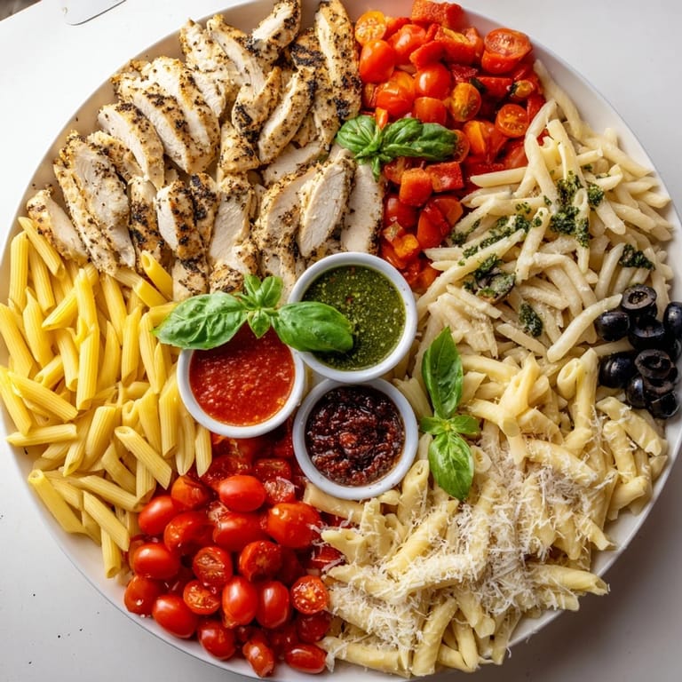 Shareable Girl Dinner Pasta Board: three pasta shapes, rich sauces, and juicy chicken strips ready for dipping.