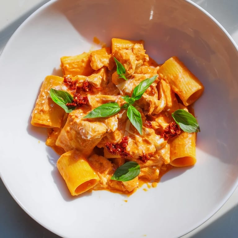 A close-up of Spicy Vodka Chicken Pasta: rigatoni coated in a rich, creamy, and spicy sauce.
