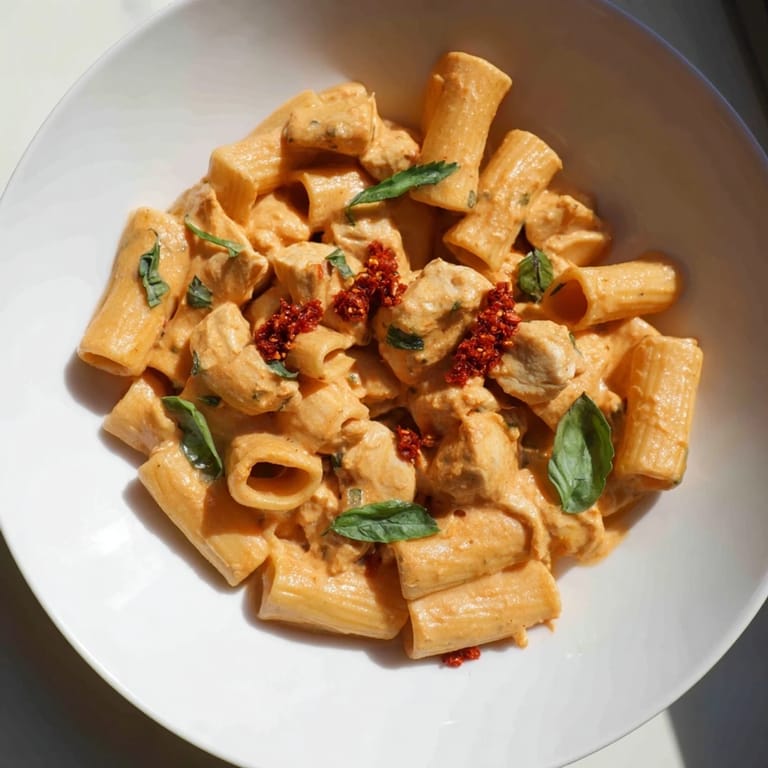 Golden chicken pieces mixed into Spicy Vodka Chicken Pasta, a flavorful Italian-American comfort dish.