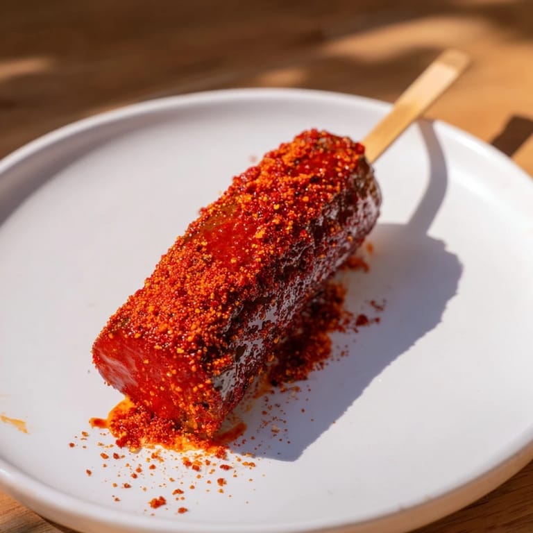 Crisp Chamoy-Tajín pickle sticks ready to eat, with a sweet, sour, and spicy flavor profile.