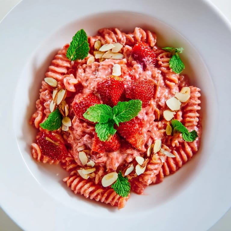 See the colorful Sweet Strawberry Yogurt Pasta, a perfect dessert, topped with fresh strawberries and almonds.