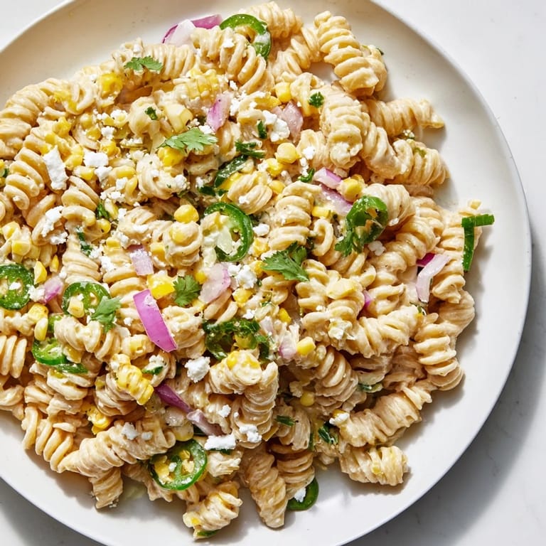 A bowl of Creamy Street Corn Pasta Salad: a colorful, chilled summer dish with fresh cilantro.
