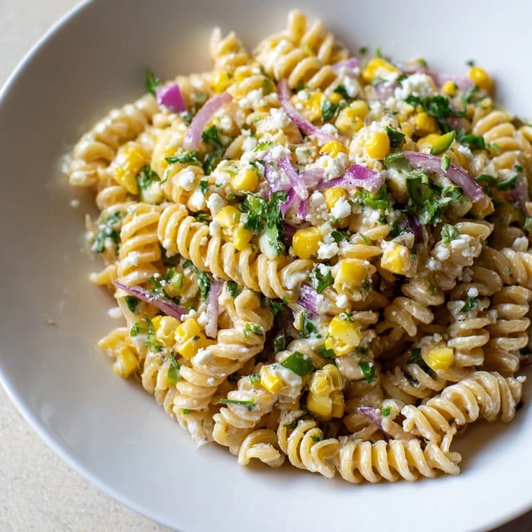 Enjoy a spoonful of flavorful Creamy Street Corn Pasta Salad, a perfect vegetarian meal.