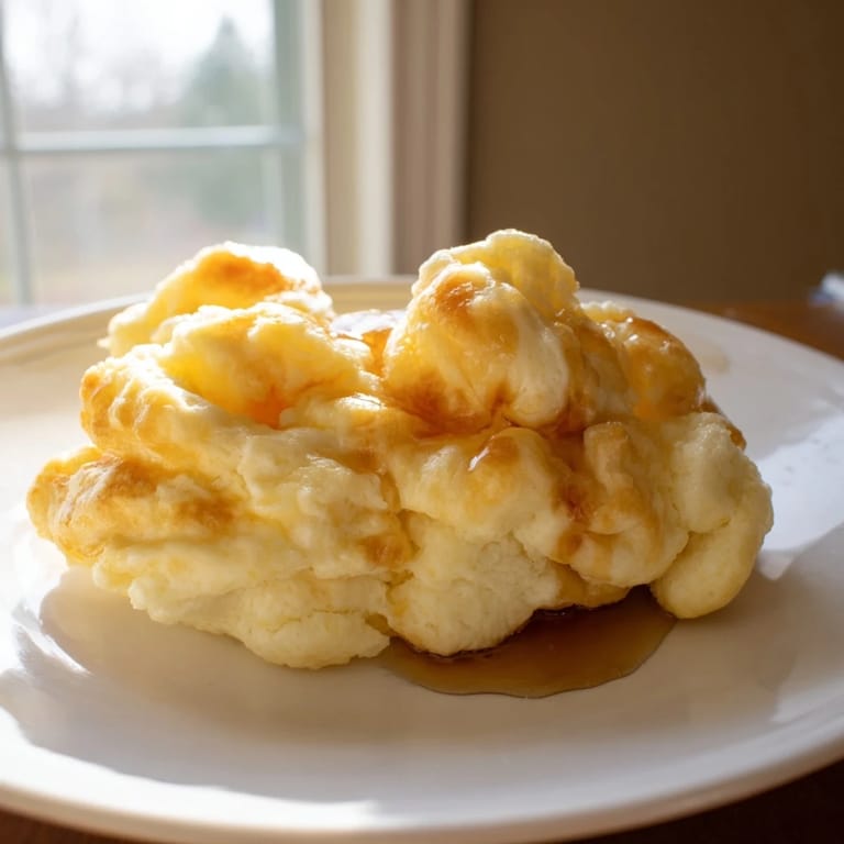 This image shows delicious fluffy scrambled pancakes, with blueberries and a drizzle of maple syrup ready to eat.