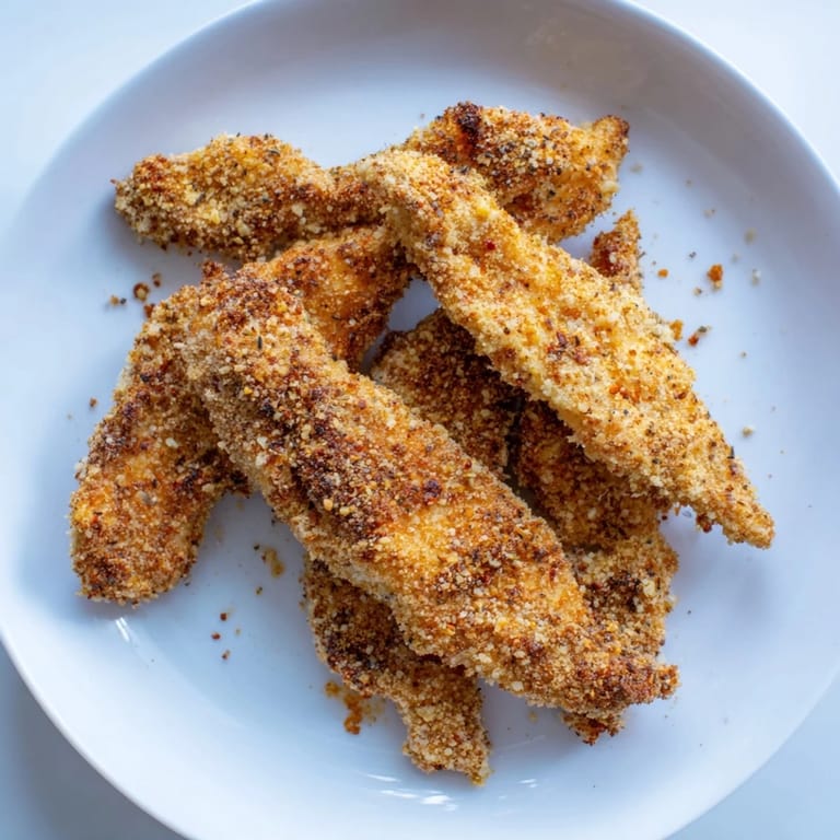 Perfectly cooked crispy air-fried chicken tenders with a delightful, savory breading and texture.
